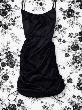 Black Satin Ruched Slip Dress - Women's